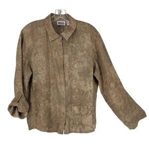 Chicos Design 100% Linen Top Tie Dye Beige Large Snap Front Roll Tab Sleeve